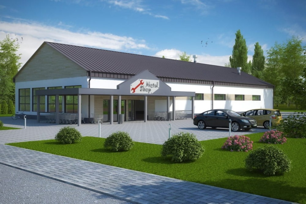 Projekt sklepu samoobsługowego K-51, parterowy, niepodpiwniczony - kolorystyka wersja 3