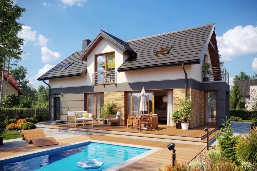 Projekt domu Fortegilla DM-6529, parterowy z poddaszem użytkowym, z garażem, niepodpiwniczony  -wizualizacja elewacji prawej