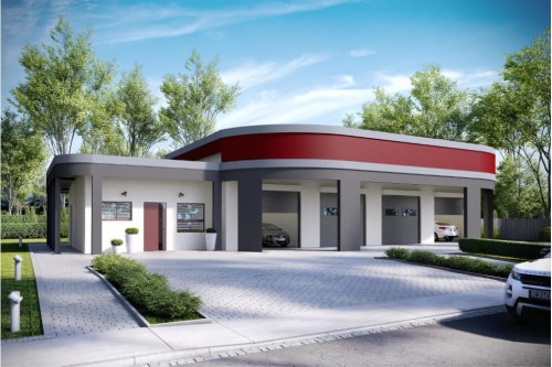 Projekt myjni samochodowej K-73, parterowy, niepodpiwniczony, mogący pełnić również funkcję warsztatu samochodowego - wizualizacja elewacji