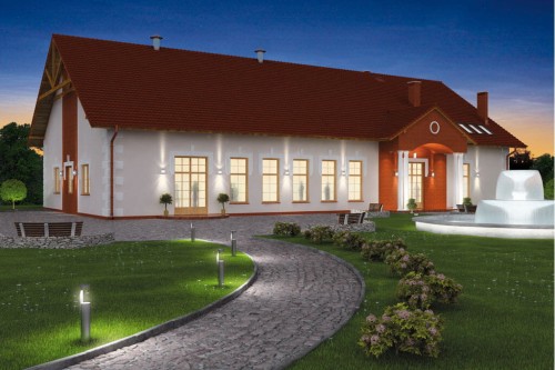 Projekt restauracji, domu weselnego K-24, parterowy z częściowym poddaszem użytkowym (antresola), bez podpiwniczenia - kolorystyka wersja 2