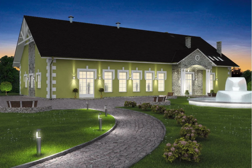 Projekt restauracji, domu weselnego K-24, parterowy z częściowym poddaszem użytkowym (antresola), bez podpiwniczenia - kolorystyka wersja 4