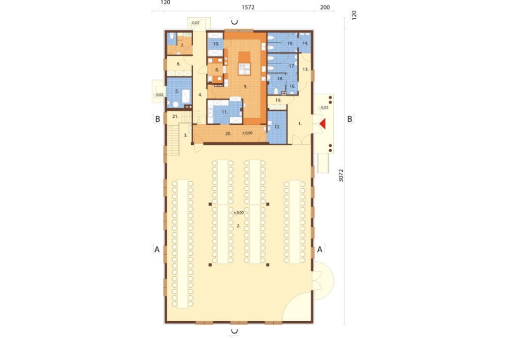 Projekt restauracji, domu weselnego K-24, parterowy z częściowym poddaszem użytkowym (antresola), bez podpiwniczenia - rzut parteru