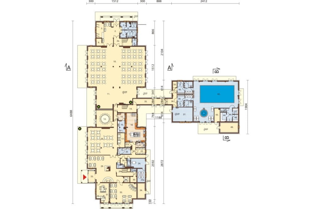 Projekt hotelu K-57, piętrowy z poddaszem użytkowym, niepodpiwniczony, bez garażu - rzut parteru