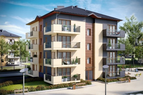 Projekt budynku wielorodzinnego DM-6496 B, trzypiętrowy, ze strychem nieużytkowym z mozliwością do adaptacji, z garażem podziemnym - kolorystyka wersja 1