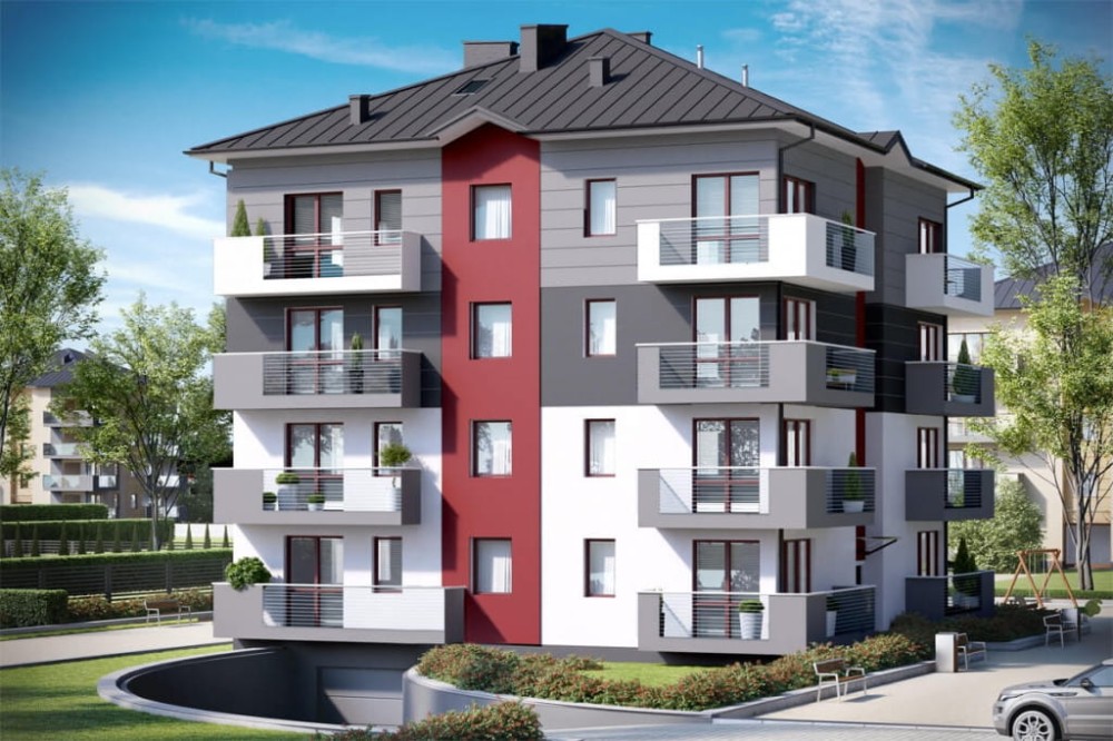 Projekt budynku wielorodzinnego DM-6496 B, trzypiętrowy, ze strychem nieużytkowym z mozliwością do adaptacji, z garażem podziemnym - kolorystyka wersja 3