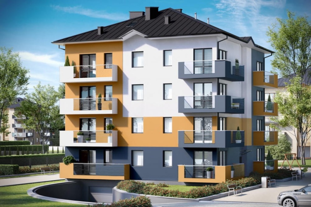 Projekt budynku wielorodzinnego DM-6496 B, trzypiętrowy, ze strychem nieużytkowym z mozliwością do adaptacji, z garażem podziemnym - kolorystyka wersja 4