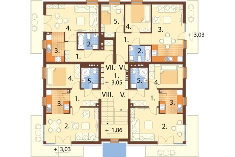 Projekt budynku wielorodzinnego DM-6496 B, trzypiętrowy, ze strychem nieużytkowym z mozliwością do adaptacji, z garażem podziemnym - rzut pierwszego piętra