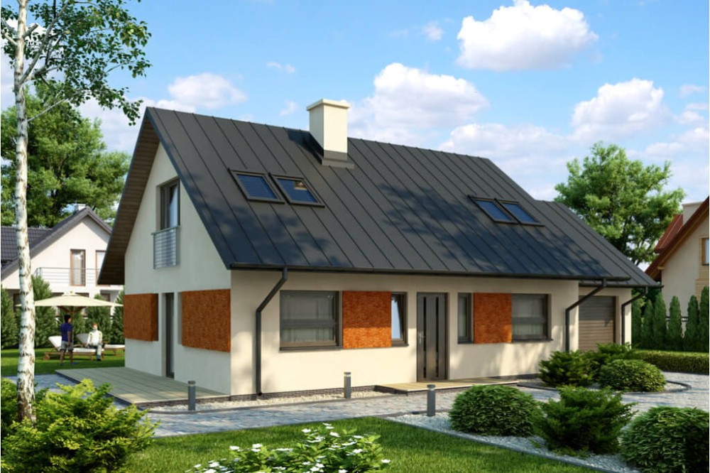 Projekt domu Brochocinek DM-6515, parterowy z garażem, poddaszem mieszkalnym, bez podpiwniczenia - wizualizacja elewacji