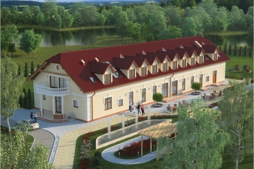 Projekt domu weselnego, pensjonatu K-56, parterowy z poddaszem użytkowym, niepodpiwniczony, bez garażu - kolorystyka wersja 1