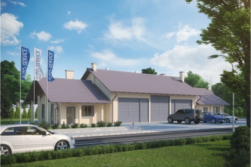 Projekt warsztatu samochodowego K-60, parterowy, niepodpiwniczony - wizualizacja elewacji