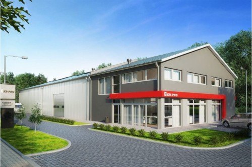 Projekt budynku magazynowo produkcyjny z zapleczem biurowo socjalnym K-107, jednokondygnacyjny, część biurowa dwukondygnacyjna, niepodpiwniczony-kolorystyka wersja 2