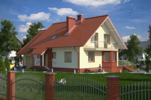 Projekt domu Posadów DM-6040, parterowy z poddaszem użytkowym i częściowym podpiwniczeniem oraz z garażem-kolorystyka wersja 1