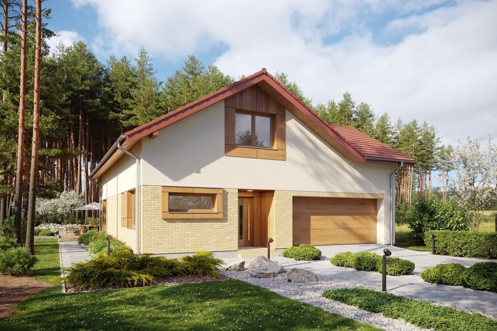 Projekt domu Conssat DM-6760,  parterowy z poddaszem użytkowym, garażem dwustanowiskowym - kolorystyka wersja 2