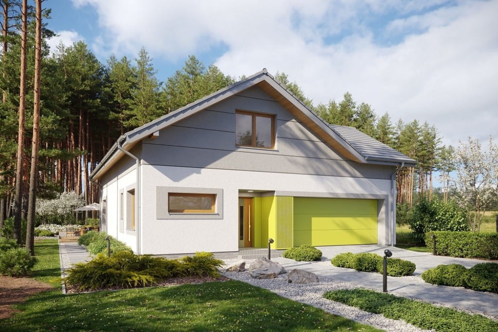 Projekt domu Conssat DM-6760,  parterowy z poddaszem użytkowym, garażem dwustanowiskowym - kolorystyka wersja 3