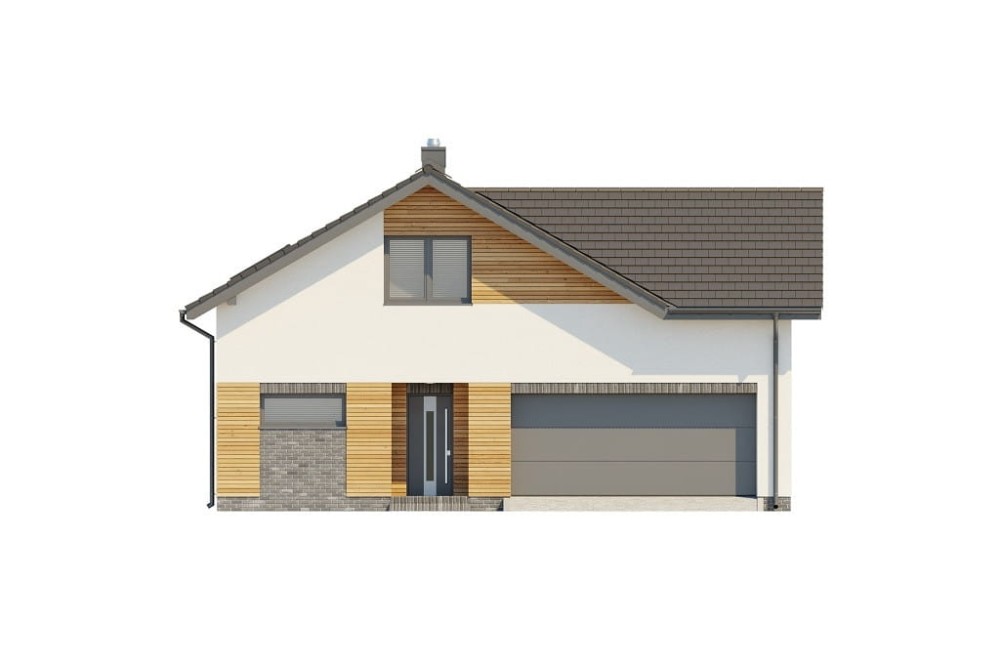 Projekt domu Conssat DM-6760,  parterowy z poddaszem użytkowym, garażem dwustanowiskowym - wizualizacja elewacji frontowej
