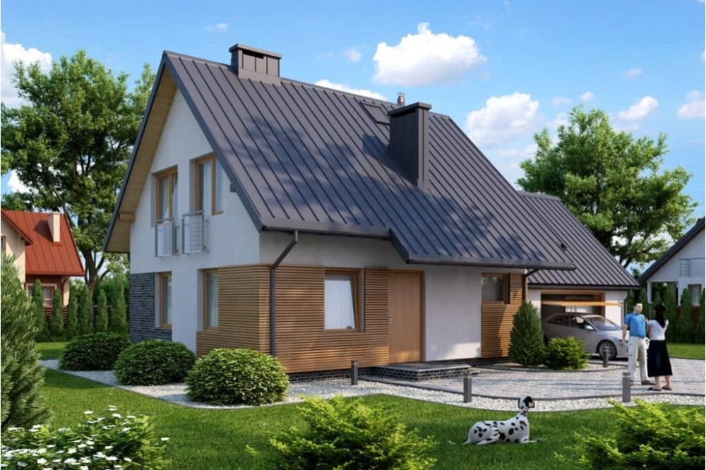 Projekt domu Rudnica DM-6518, parterowy z poddaszem użytkowym, jednorodzinny, tradycyjny, z garażem dwustanowiskowym, bez podpiwniczenia-kolorystyka wersja 1