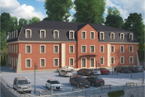 Projekt hotelu K-74 -  piętrowy, podpiwniczony, bez garażu - kolorystyka wersja 2
