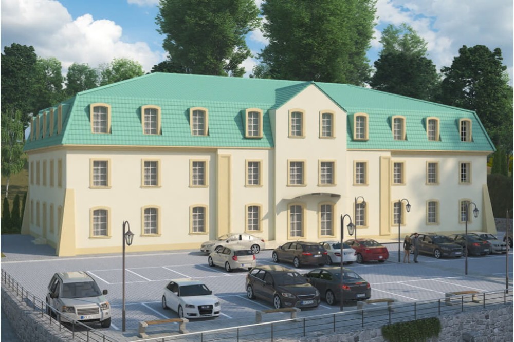 Projekt hotelu K-74 -  piętrowy, podpiwniczony, bez garażu - kolorystyka wersja 4