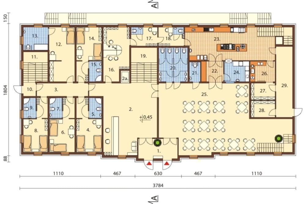 Projekt hotelu K-74 -  piętrowy, podpiwniczony, bez garażu - rzut parteru