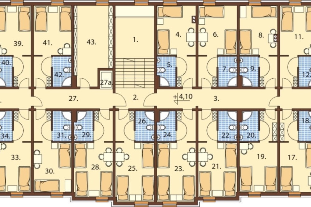 Projekt hotelu K-74, dwupiętrowy, podpiwniczony, bez garażu - rzut pierwszego piętra