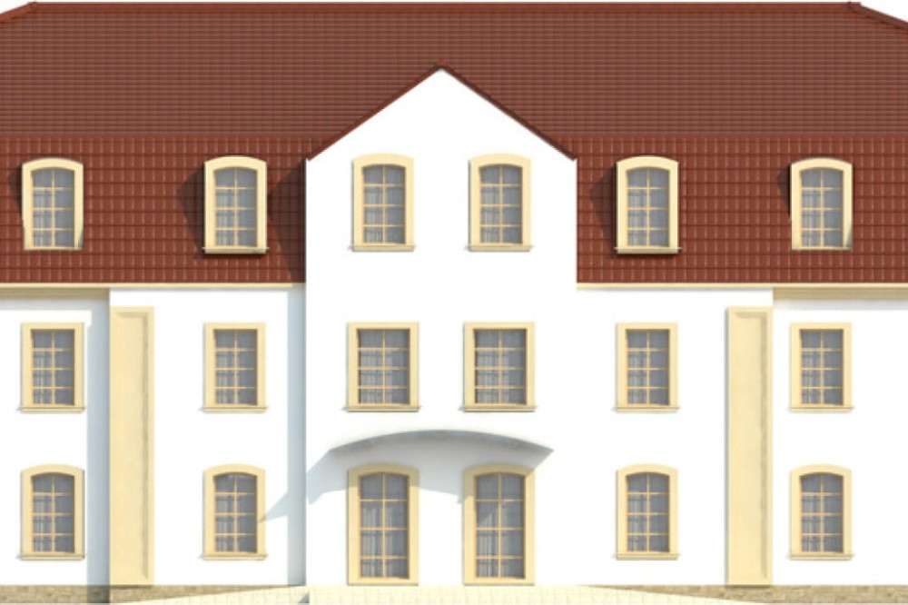 Projekt hotelu K-74 -  piętrowy, podpiwniczony, bez garażu - elewacja frontowa
