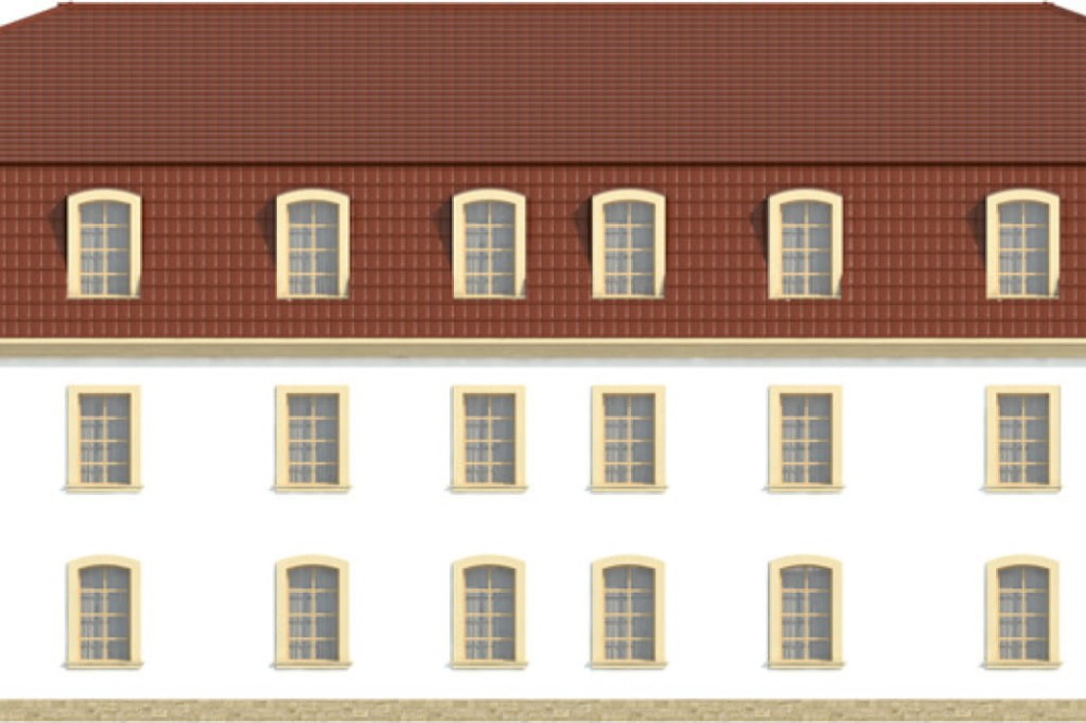 Projekt hotelu K-74 -  piętrowy, podpiwniczony, bez garażu - elewacja ogrodowa