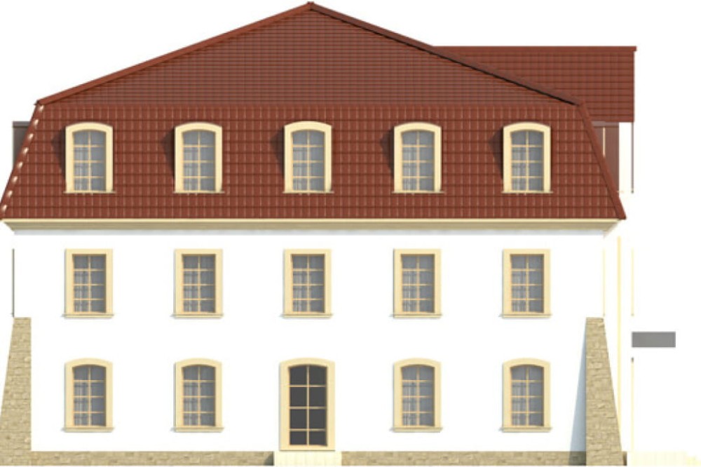 Projekt hotelu K-74, dwupiętrowy, podpiwniczony, bez garażu - elewacja lewa