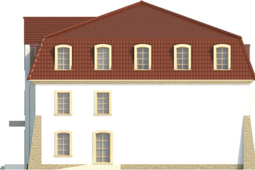 Projekt hotelu K-74 -  piętrowy, podpiwniczony, bez garażu - elewacja prawa