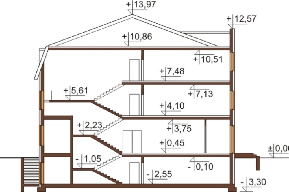 Projekt hotelu K-74 -  piętrowy, podpiwniczony, bez garażu - przekrój A-A