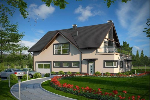 Projekt stolarni z mieszkaniem K-35, parterowy z poddaszem mieszkalnym, bez podpiwniczenia - kolorystyka wersja 2