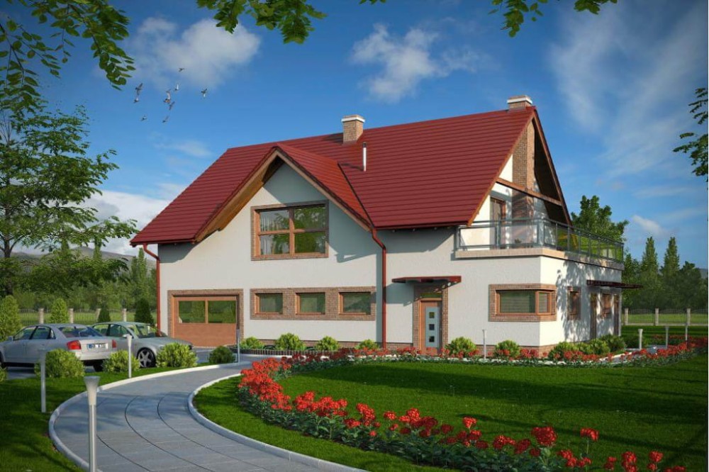 Projekt stolarni z mieszkaniem K-35, parterowy z poddaszem mieszkalnym, bez podpiwniczenia - kolorystyka wersja 4