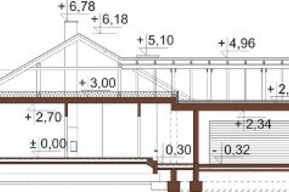 Projekt domu Sosnowice DM-6558, parterowy z garażem dwustanowiskowym, bez podpiwniczenia - przekrój B-B