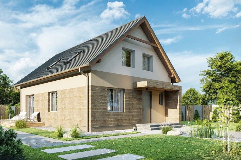 Projekt domu Orea DM-6785, parterowy z poddaszem użytkowym, bez garażu, bez podpiwniczenia - wizualizacja elewacji