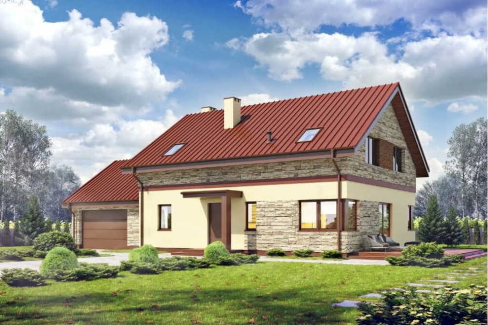 Projekt domu Gerberów DM-6612, parterowy z poddaszem użytkowym, garażem , bez podpiwniczenia-kolorystyka wersja 4