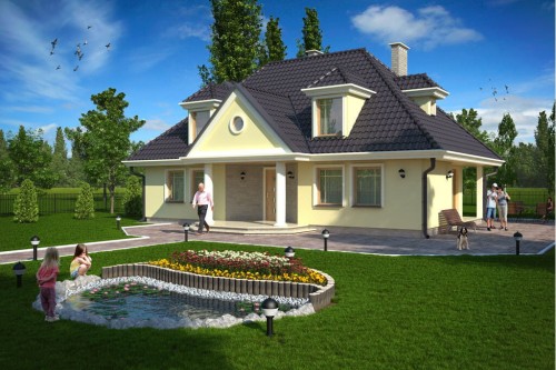 Projekt domu Lipnica DM-5502, parterowy z poddaszem mieszkalnym, bez podpiwniczenia - wizualizacja elewacji frontowej