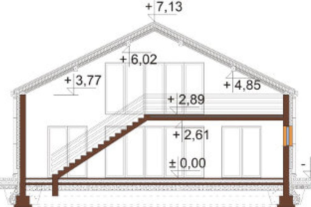 Projekt domu Begoniów DM-6569, parterowy z antresolą, bez garażu, bez podpiwniczenia - przekrój A-A