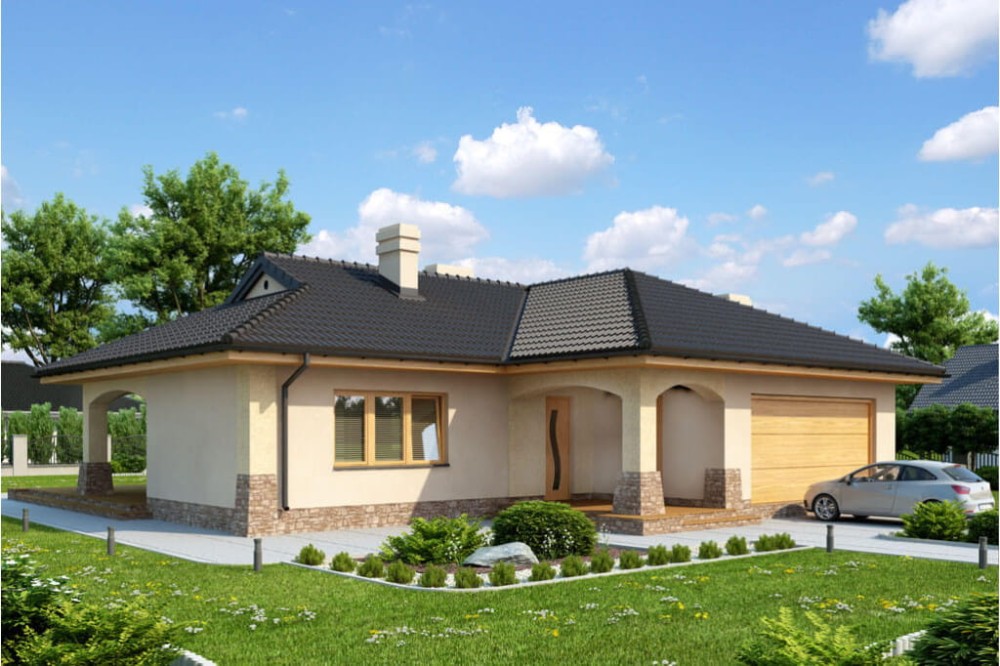 Projekt domu Gorzków DM-6331, parterowy, z garażem dwustanowiskowym, bez podpiwniczenia - kolorystyka wersja 3