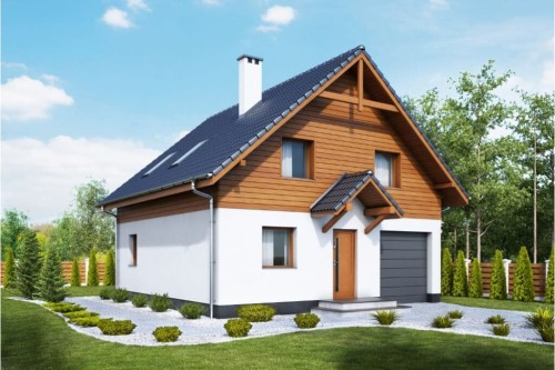 Projekt domu Modiczka DM-6522, parterowy z poddaszem mieszkalnym, niepodpiwniczony - kolorystyka wersja 2