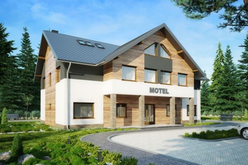 Projekt motelu K-61 C, piętrowy z poddaszem użytkowym, niepodpiwniczony, bez garażu - kolorystyka wersja 1