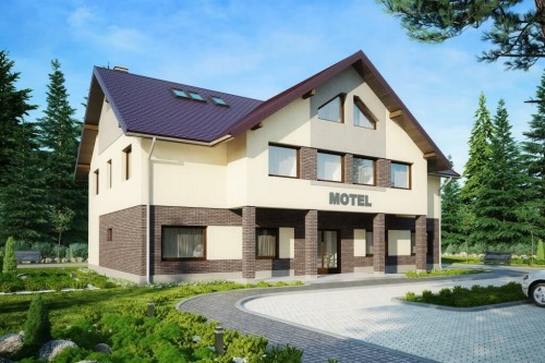 Projekt motelu K-61 C, piętrowy z poddaszem użytkowym, niepodpiwniczony, bez garażu - kolorystyka wersja 2