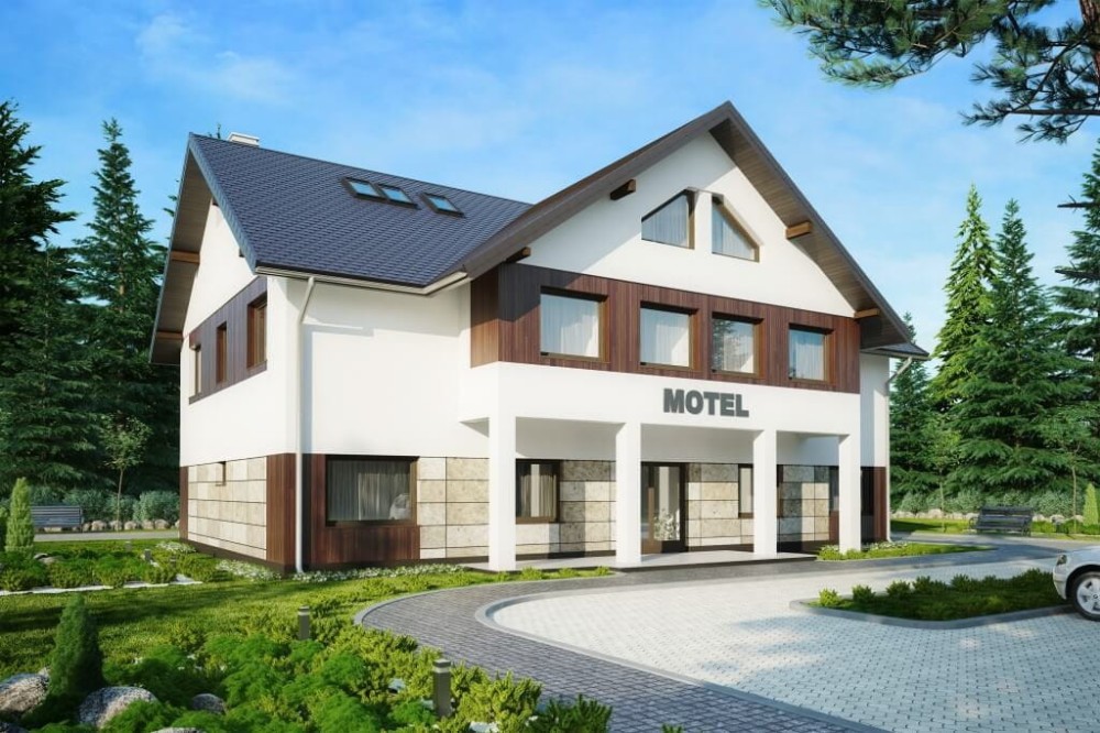 Projekt motelu K-61 C, piętrowy z poddaszem użytkowym, niepodpiwniczony, bez garażu - kolorystyka wersja 3
