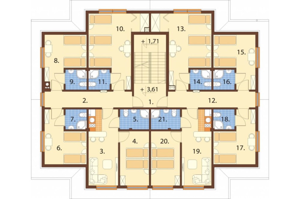 Projekt motelu K-61 C, piętrowy z poddaszem użytkowym, niepodpiwniczony, bez garażu - rzut piętra