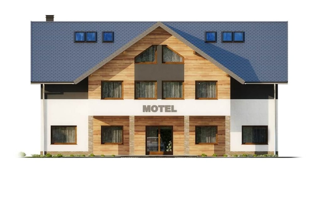 Projekt motelu K-61 C, piętrowy z poddaszem użytkowym, niepodpiwniczony, bez garażu - elewacja frontowa