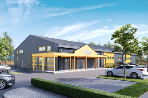 Projekt sklepu samoobsługowego K-78,  parterowy z częściowym poddaszem użytkowym, niepodpiwniczony, bez garażu - kolorystyka wersja 1