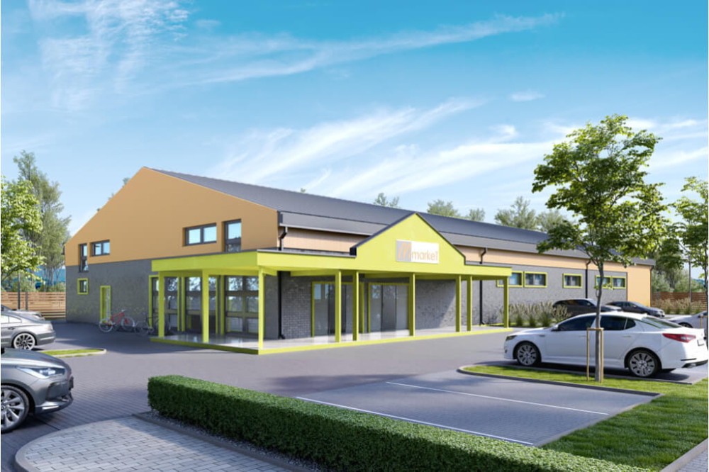 Projekt sklepu samoobsługowego K-78,  parterowy z częściowym poddaszem użytkowym, niepodpiwniczony, bez garażu - kolorystyka wersja 4