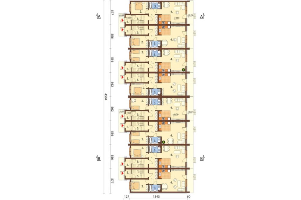 Projekt budynku mieszkalnego w zabudowie szeregowej DM-6502, piętrowy, bez podpiwniczenia, bez garażu - rzut parteru
