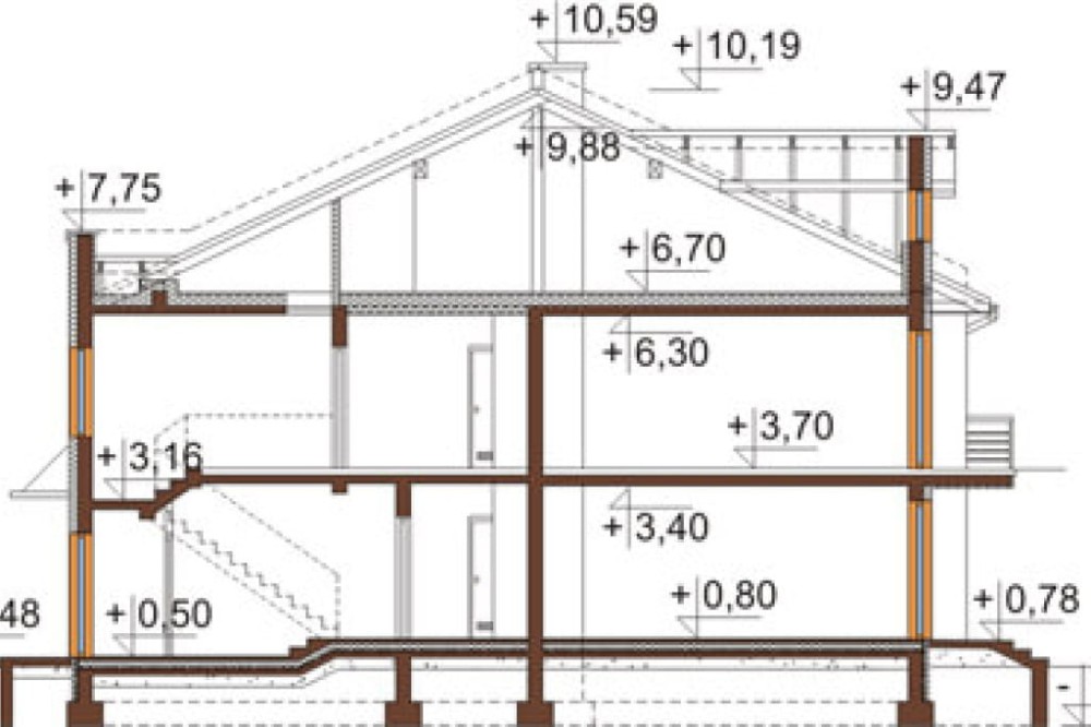Projekt budynku mieszkalnego w zabudowie szeregowej DM-6502, piętrowy, bez podpiwniczenia, bez garażu - przekrój A-A