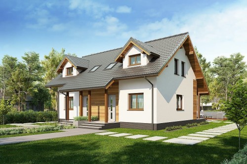 Projekt domu Hadia DM-6684, parterowy typu bliźniak (dwa segmenty) z poddaszem użytkowym, niepodpiwniczony i bez garażu - kolorystyka wersja 1