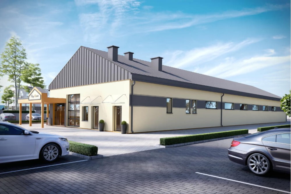 Projekt sklepu samoobsługowego K-77, parterowy, niepodpiwniczony - kolorystyka wersja 3