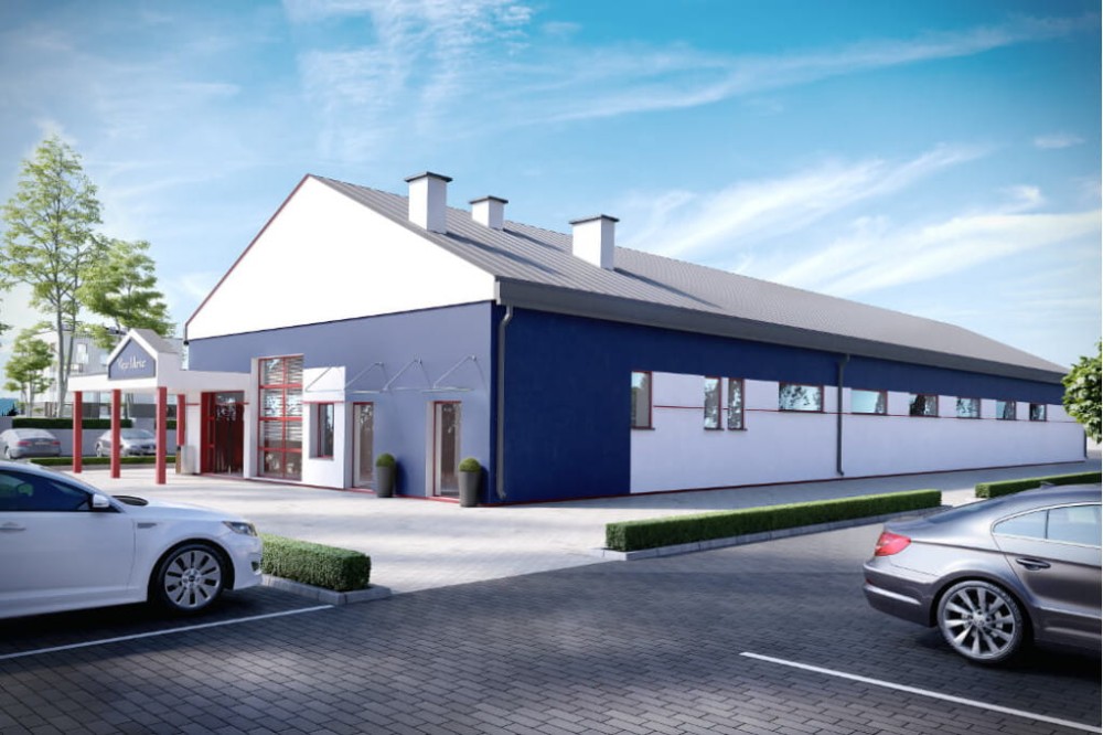 Projekt sklepu samoobsługowego K-77, parterowy, niepodpiwniczony - kolorystyka wersja 4